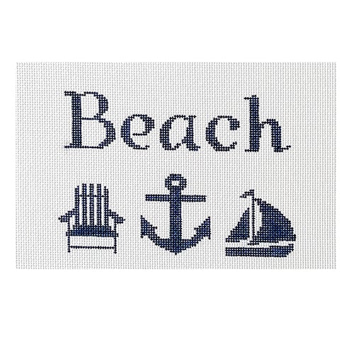 Beach with Adirondack Chair, Anchor, Sailboat - Navy on White