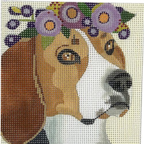Beagle with Purple Floral Crown 4" Square