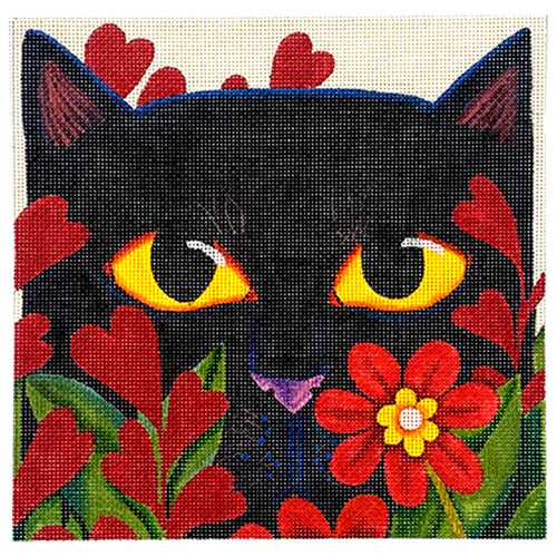 Black Cat with Flowers