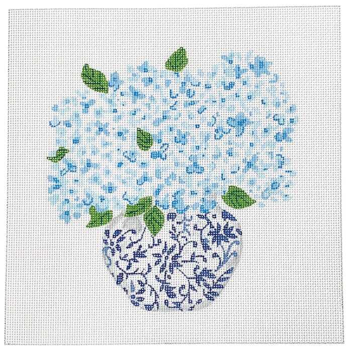Blue Chinoiserie Pot with Blue Hydrangeas on 18