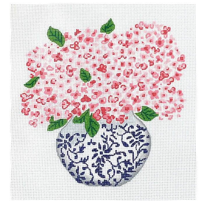 Blue Chinoiserie Pot with Pink Hydrangeas on 13