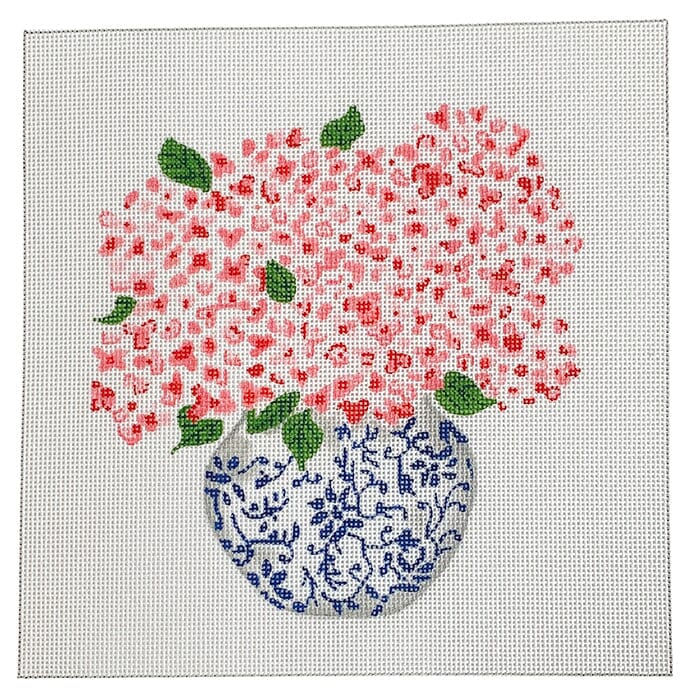 Blue Chinoiserie Pot with Pink Hydrangeas on 18