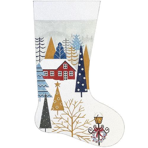 Blue & Gold Outdoor Winter Scene Stocking