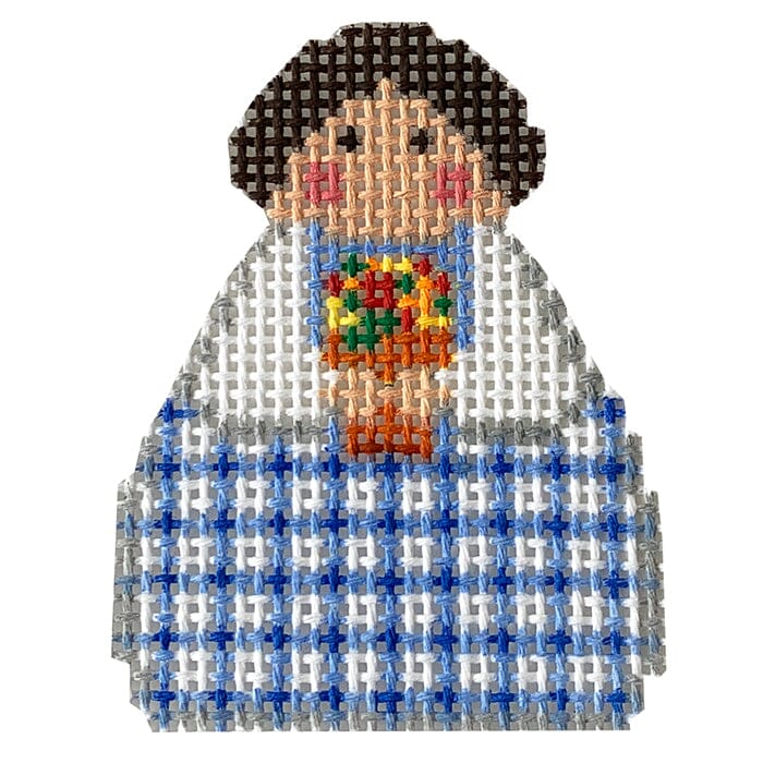 Blue Plaid with Flower Pot Angel Ornament