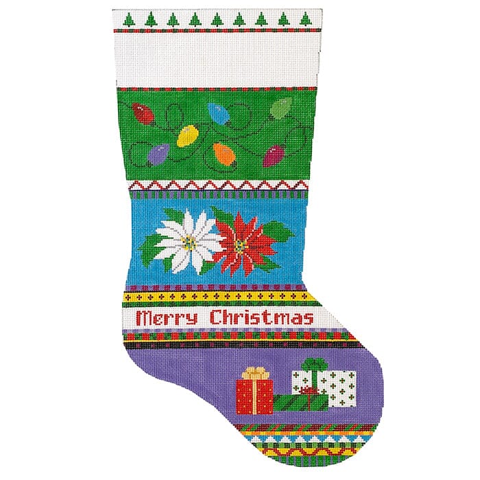 Bold Stripe Lights, Poinsettias, Presents Stocking #13