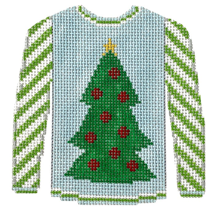 Christmas Tree Sweater on Blue with Lime Sleeves