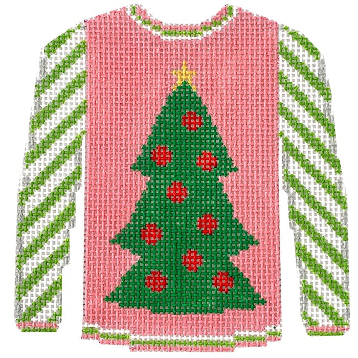 Christmas Tree Sweater on Pink with Lime Sleeves