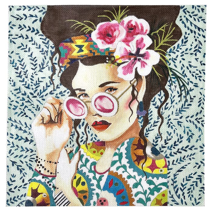 Elegant Hippie Lady on Grey with Glasses