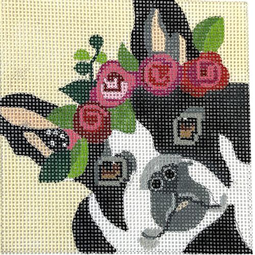 Frenchie with Pink Floral Crown 4" Square