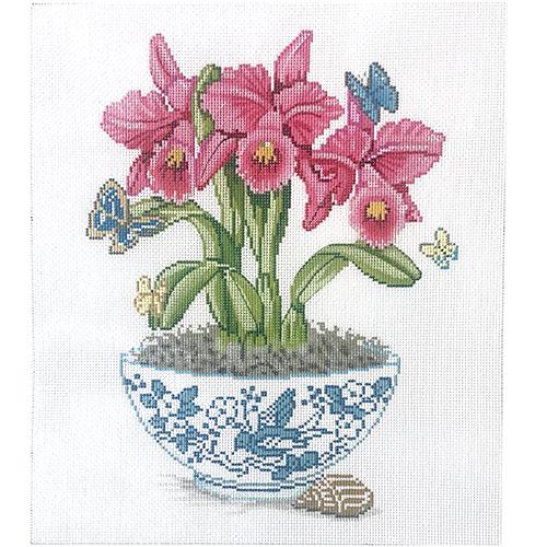 Fuchsia Orchids in Blue & White Vase