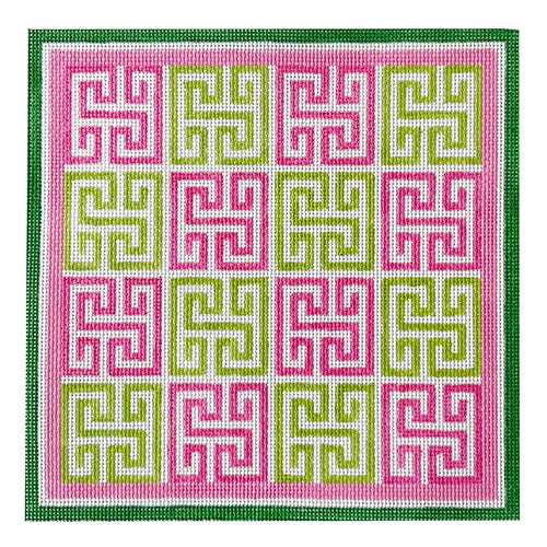 Greek Square Key Pillow in Pinks & Greens