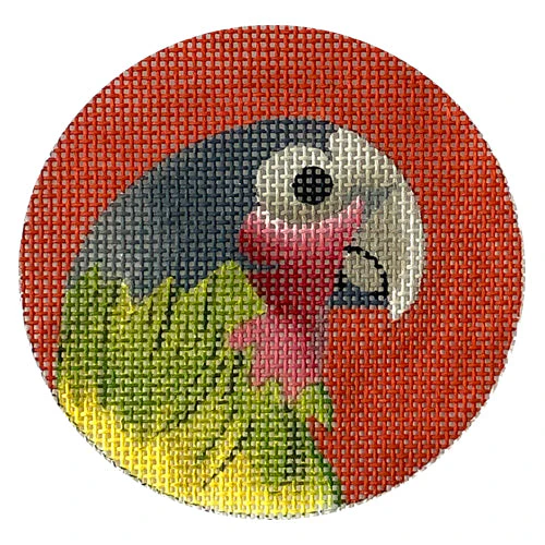 Green Parrot on Red Round