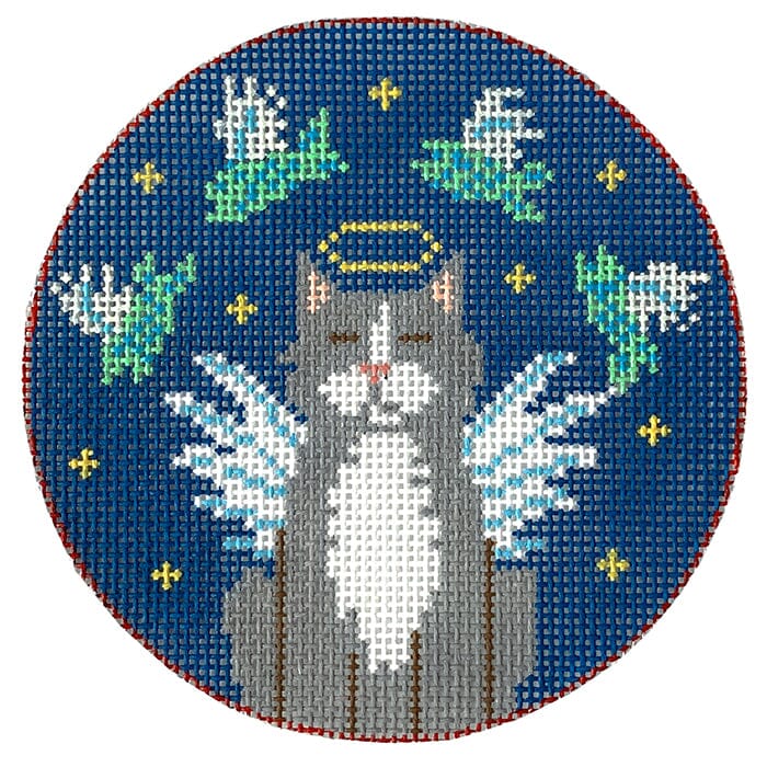 Grey Angel Cat w Fish Ornament