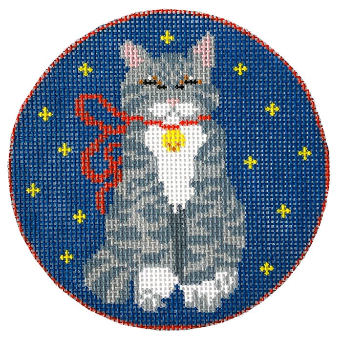 Grey Cat with Red Ribbon Ornament