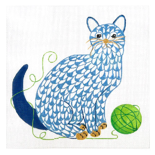 Fishnet Cat with Ball of Yarn - Blue & Green