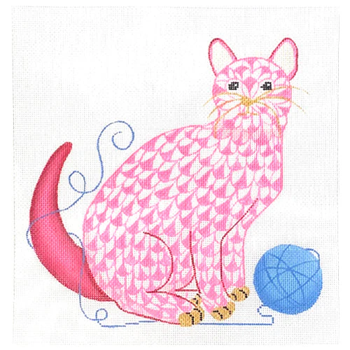 Fishnet Cat with Ball of Yarn - Pink & Blue