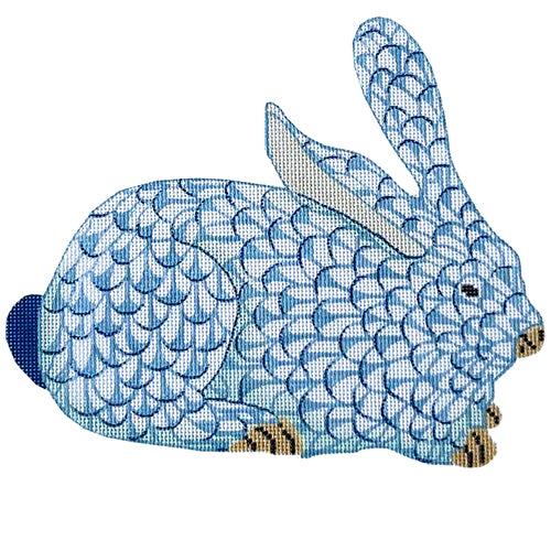 Herend Inspired Crouching Bunny - Blue Facing Right