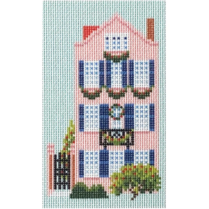 Historic Pink Christmas House Canvas with Stitch Guide