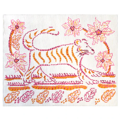 Indian Textile Inspired Tiger with Flowers & Leaves