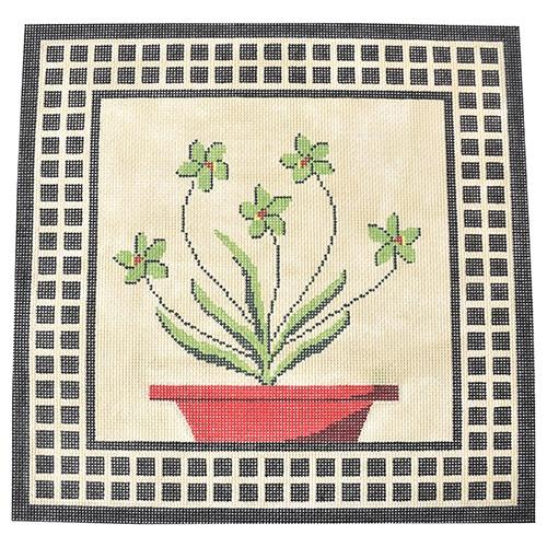 Green Flowers Red Pot Pillow