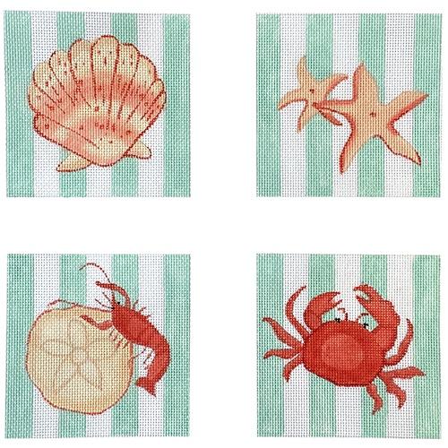 Set of 4 Coasters - Shells & Crustaceans - Turquoise