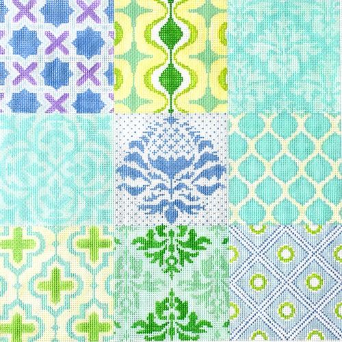 Damask Wallpaper Patchwork - Turquoise, Greens, Periwinkles