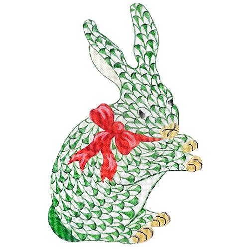 Herend-Inspired Fishnet Standing Bunny - Emerald with Red Bow
