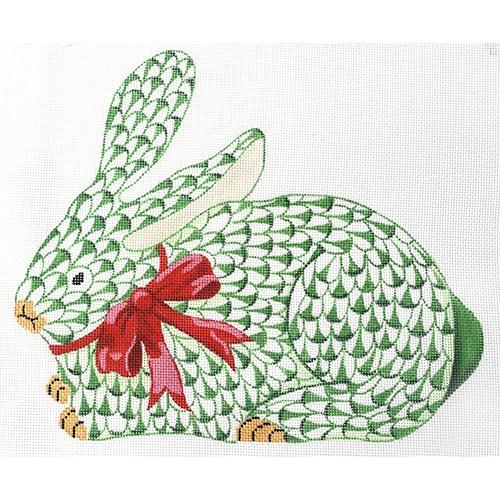 Herend Style Large Green Crouching Bunny with Red Bow