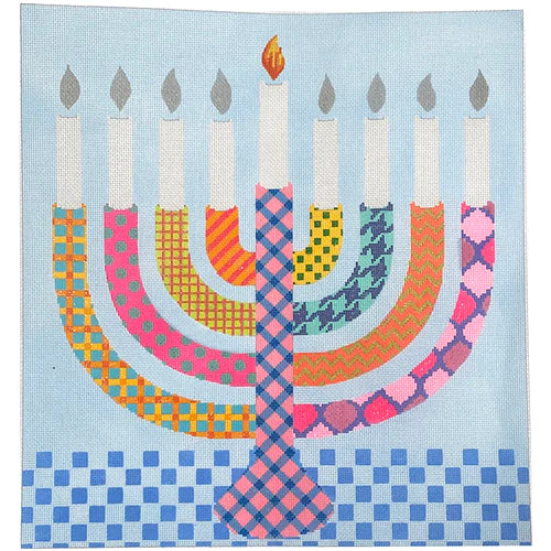 Menorah Set - Bright Funky Patterns w/ Damask Background with Individual Flames