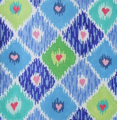 Ikat Diamonds with Hearts - Blues, Greens, & Pinks