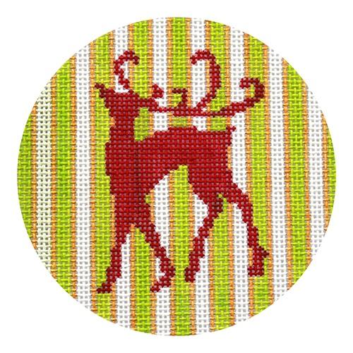 Red Reindeer on Green, Gold, & White Stripes