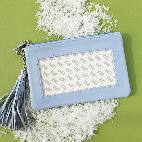 Leather Zip Pouch with Detachable Tassel - Light Blue