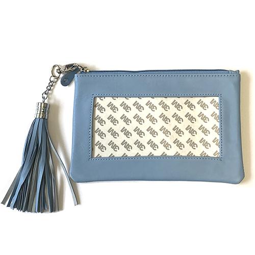 Leather Zip Pouch with Detachable Tassel - Light Blue - Image 2