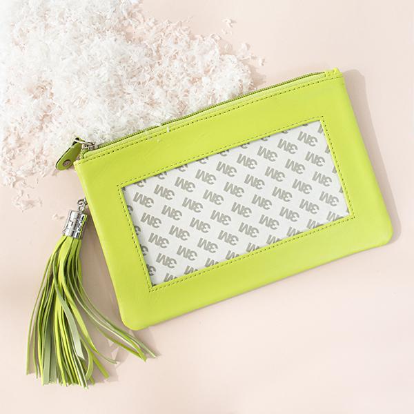 Leather Zip Pouch with Detachable Tassel - Light Lime