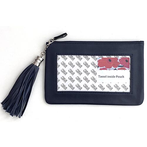 Leather Zip Pouch with Detachable Tassel - Navy Blue