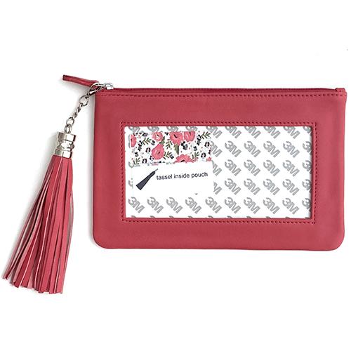 Leather Zip Pouch with Detachable Tassel - Salmon