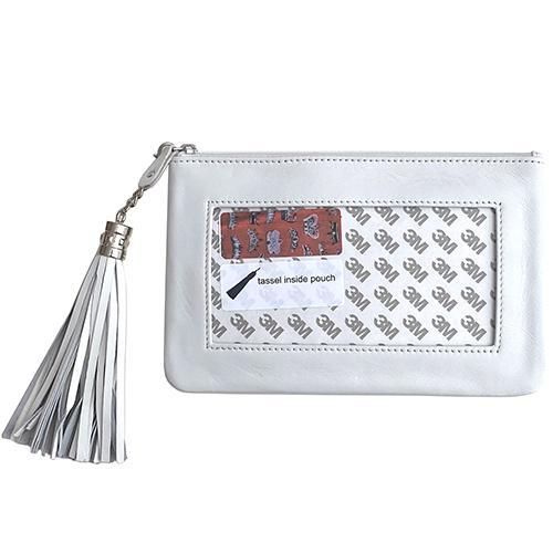 Leather Zip Pouch with Detachable Tassel - White