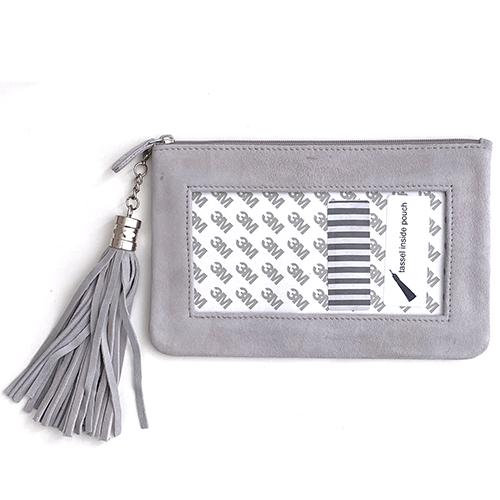 Leather Zip Pouch with Detachable Tassel - Ultrasuede Light Grey