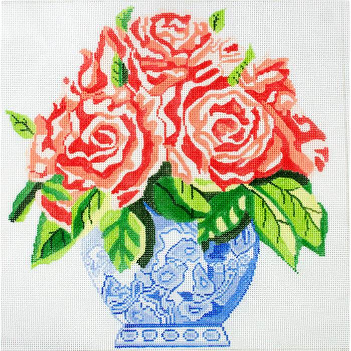 Lg Blue Vase of Roses