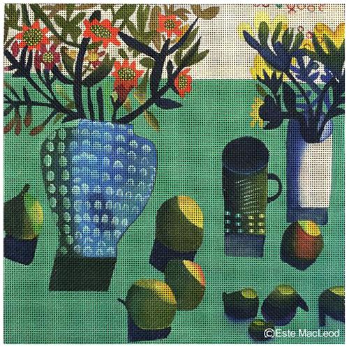 Blue Vase and Figs on Green Background