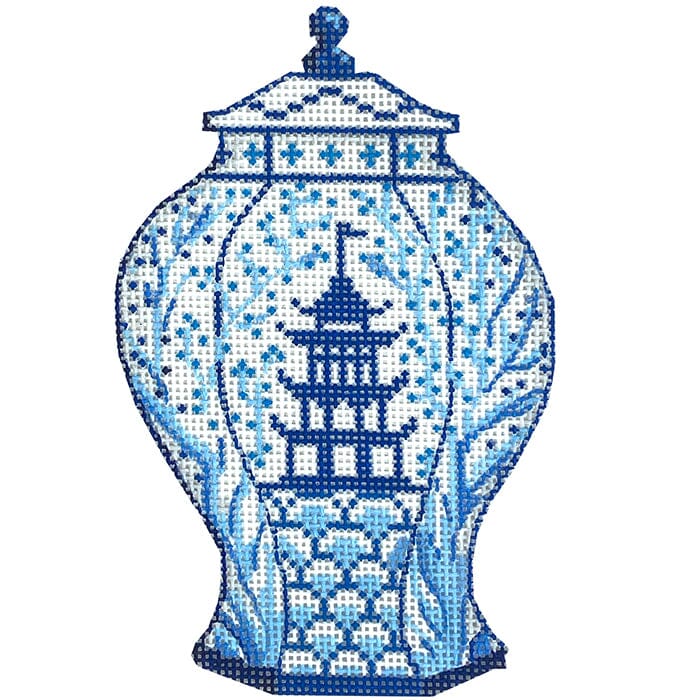 Mini Chinese Vase – Tall Blue & White w/ Pagoda & Flowering Branches
