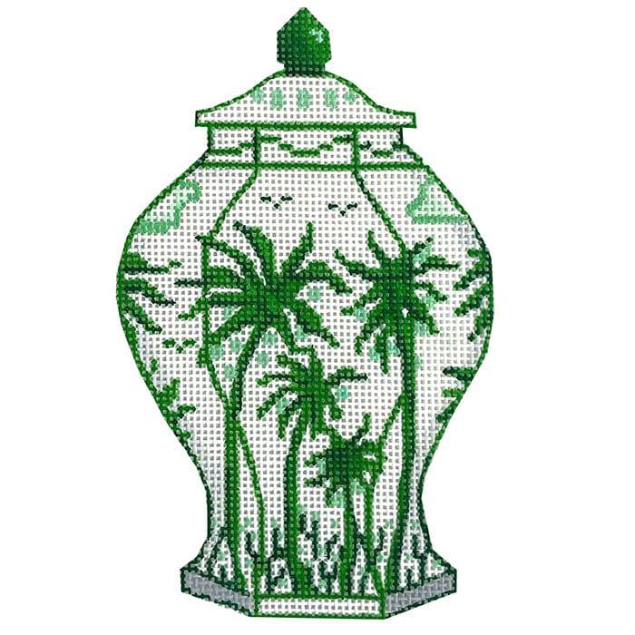 Mini Chinese Vase – Tall Green & White w/ Palm Trees & Coconuts
