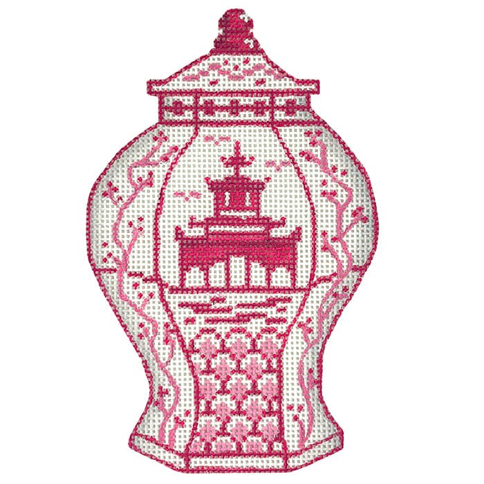 Mini Chinese Vase – Tall Raspberry & White w/ Pagoda & Flowering Branches