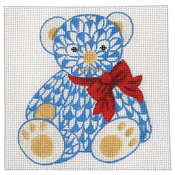 Mini Fishnet Teddy Bear 5" Square - Blue with Red Bow
