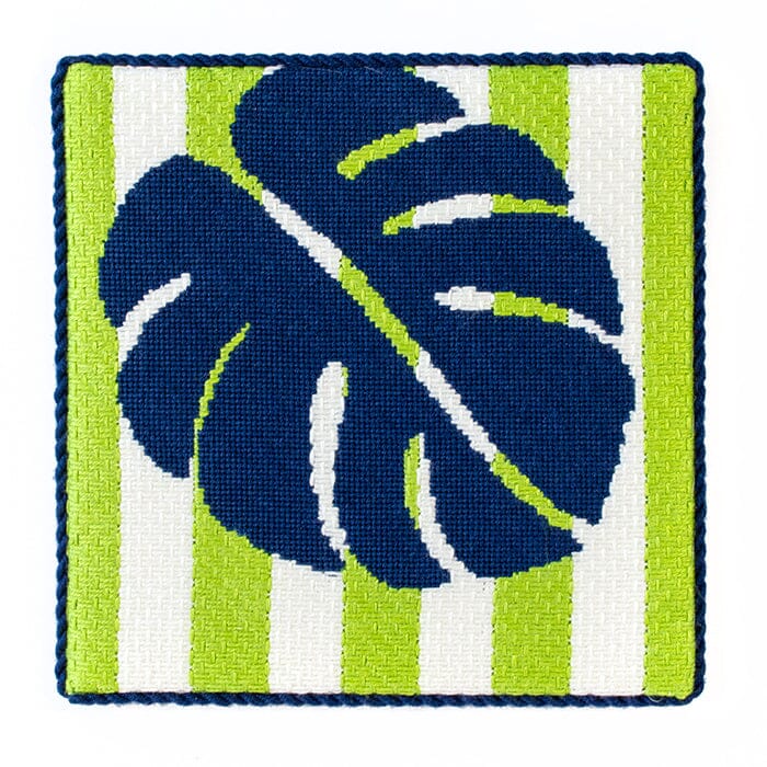 Monstera Stencil on Blue Square with Stitch Guide - Image 2