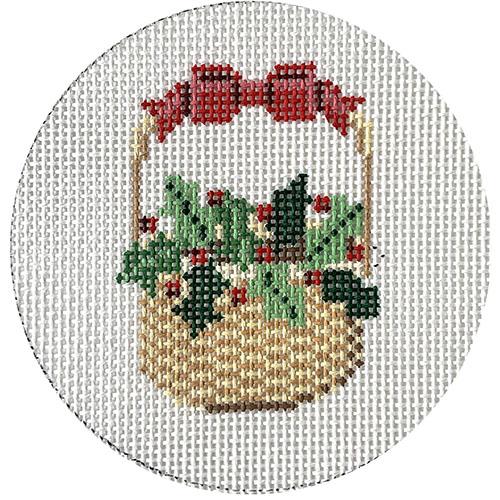 Nantucket Basket Ornament - Holly with Ribbon on Handle