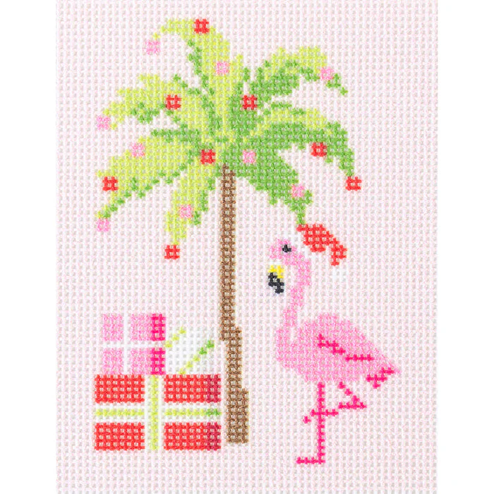 Palm Beach Christmas - Palm Tree & Flamingo Canvas with Stitch Guide