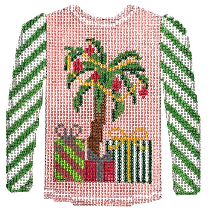 Palm Tree Sweater on Pink with Green Sleeves