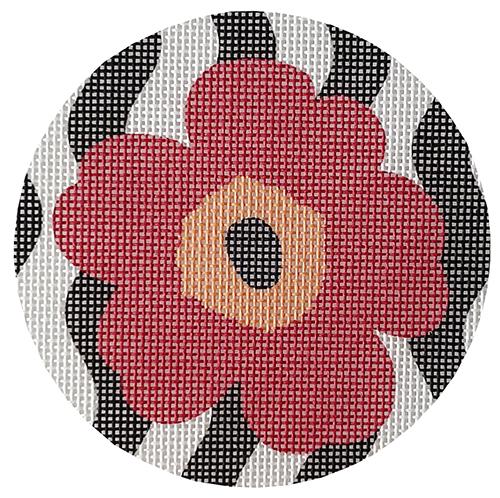Poppy on Black & White Stripes Round