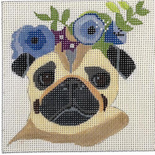 Pug with Blue Floral Crown 4" Square